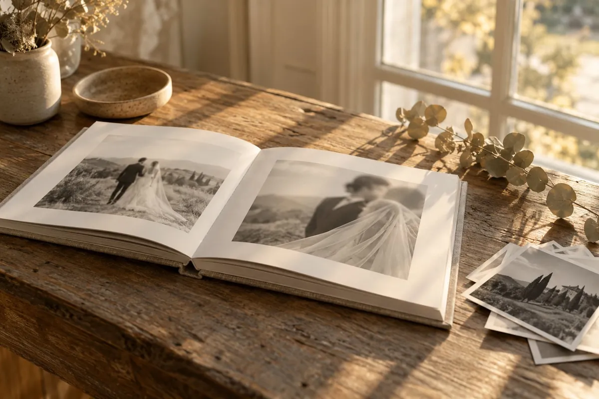 An open photo album on a wooden table in window light