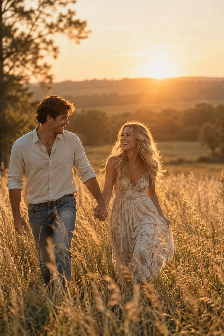 A couple walking hand in hand through a golden field at sunset